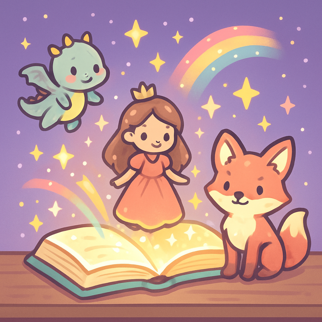Magical open storybook with a dragon, princess, and fox