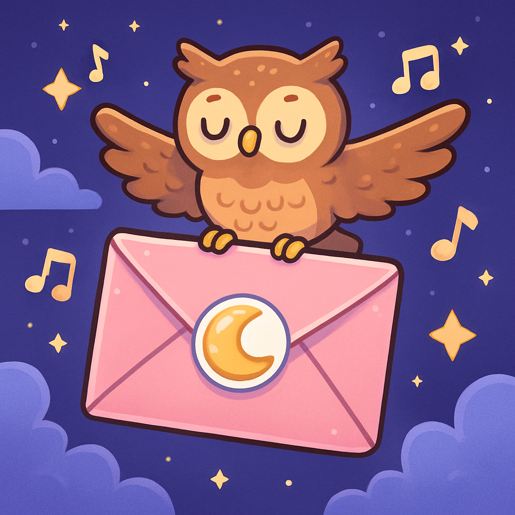 Owl carrying a pink envelope through a night sky